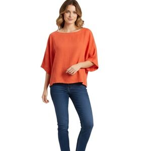 Cherry Betty Top Blouse L Rust Orange Cotton Kimono Sleeve Boxy Lagenlook